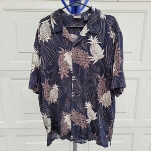 Axist Silk Black & Brown Pineapple Tropical Short Sleeve Shirt size Large